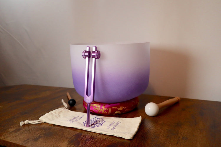 432 Hz 10” Soft Light Crown Chakra Crystal Singing Bowl with Tuning Fork, Cushion, Mallet, O-Ring - Biofield, Sound Vibration