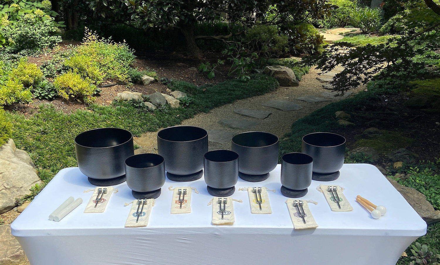 Myriad Melodies' Perfect Pitch (5 Cents) 432 Hz Gravity Bowl Set - 10 Chakra Tuning Forks - 10 Crystal Attenuators - Protective Cases