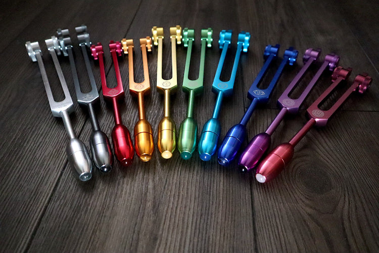 Myriad Melodies' Perfect Pitch (5 Cents) 432 Hz Soft Light, 10 Chakra Tuning Forks and 10 Crystal Attenuators - 2 Cases 2 Mallets 2 Strikers
