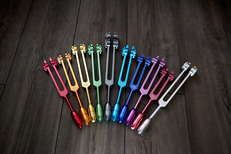 Myriad Melodies' Perfect Pitch (5 Cents) 432 Hz Chakra Light Set - 10 Chakra Tuning Forks - 10 Crystal Attenuators - Protective Cases