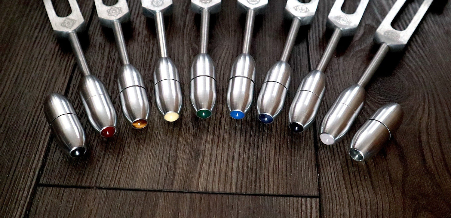 Myriad Melodies' Professionally Tuned .25 8pc Chakra Tuning Fork Set - Silver - Root to Crown Chakras - Attenuator Extenders - Biofield