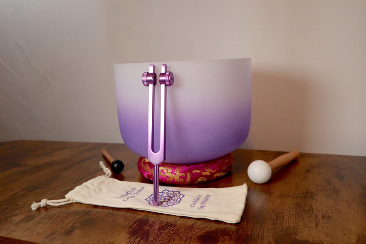 432 Hz 10” Soft Light Crown Chakra Crystal Singing Bowl with Tuning Fork, Cushion, Mallet, O-Ring - Biofield, Sound Vibration