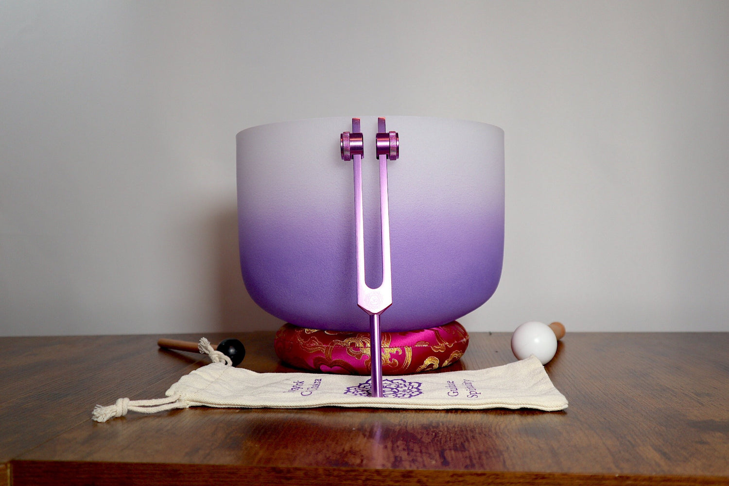 432 Hz 10” Soft Light Crown Chakra Crystal Singing Bowl with Tuning Fork, Cushion, Mallet, O-Ring - Biofield, Sound Vibration