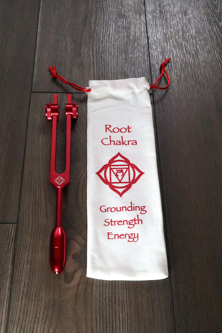 Root Chakra Tuning Fork with Attenuator Extender - Red Carnelian 10mm Crystal Attenuator Handle - Drawstring Pouch and Striker