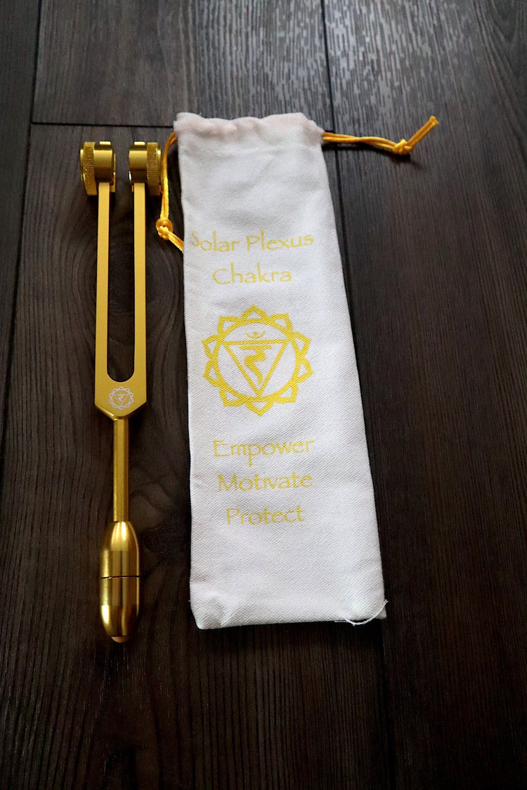 Solar Plexus Chakra Tuning Fork with Attenuator Extender - Yellow Jasper 10mm Crystal Attenuator Handle - Drawstring Pouch and Striker