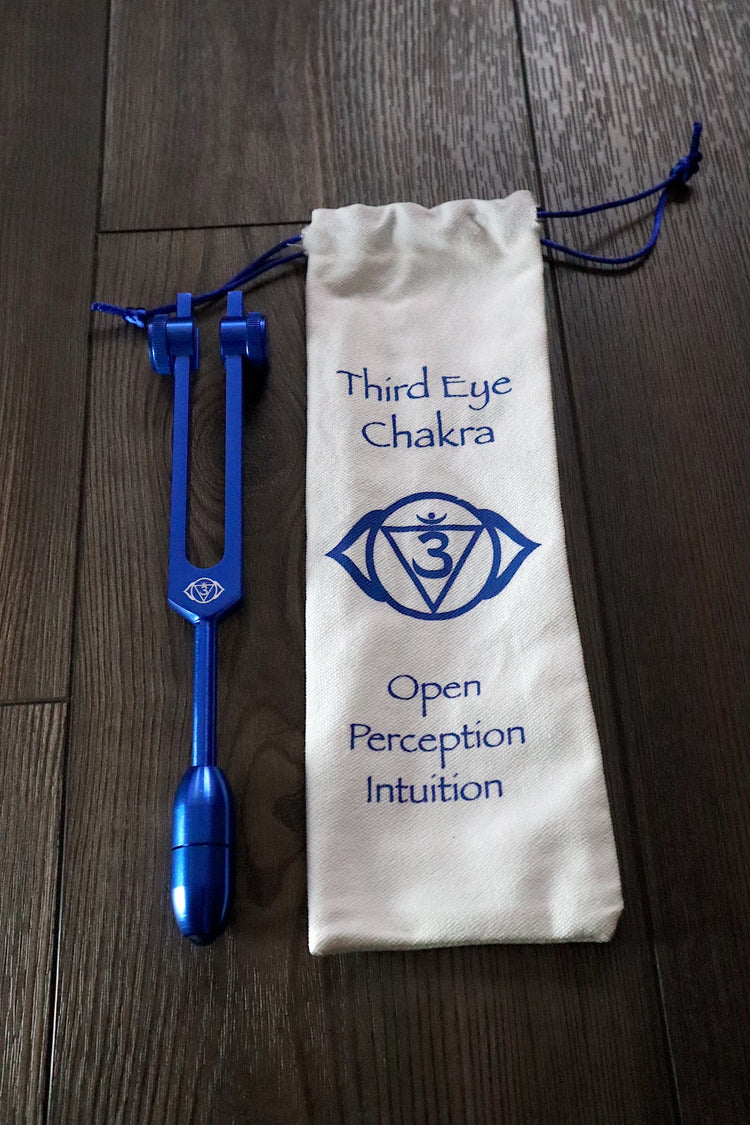 Third Eye Chakra Tuning Fork with Attenuator Extender - Sodalite 10mm Crystal Attenuator Handle - Drawstring Pouch and Striker