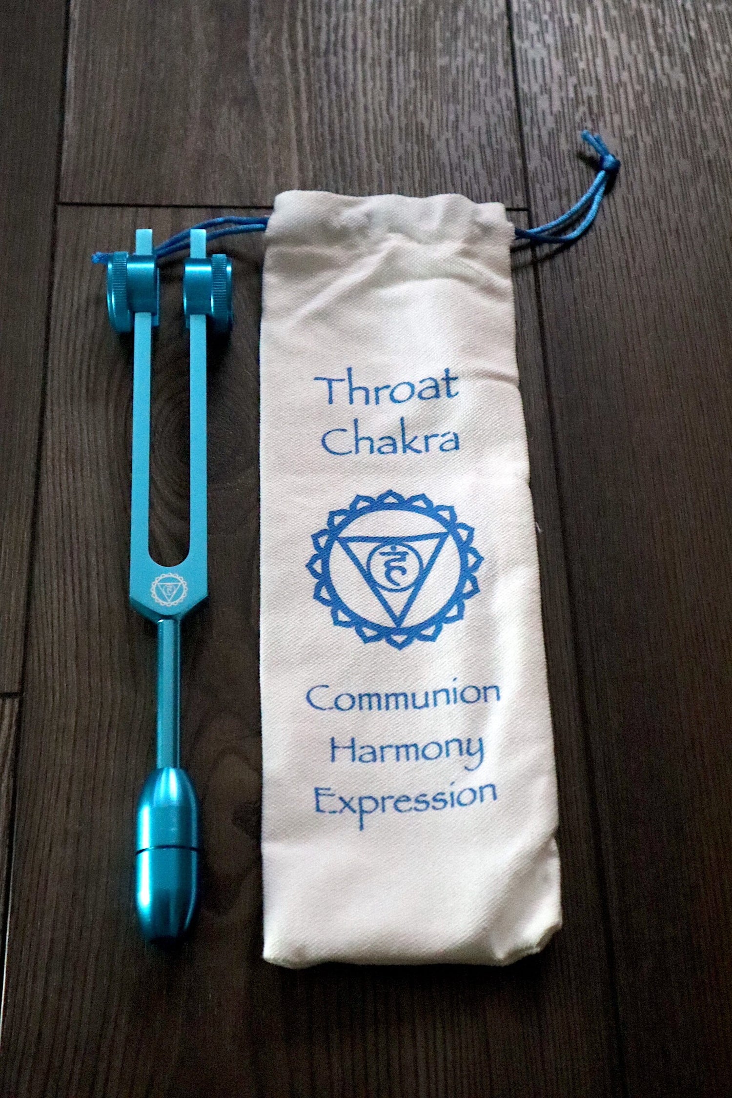 Throat Chakra Tuning Fork with Attenuator Extender - Blue Onyx 10mm Crystal Attenuator Handle - Drawstring Pouch and Striker