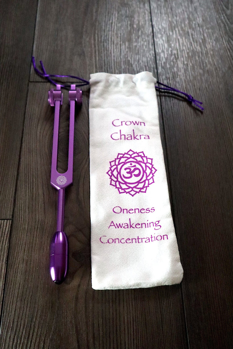 Crown Chakra Tuning Fork with Attenuator Extender - Amethyst 10mm Crystal Attenuator Handle - Drawstring Pouch and Striker