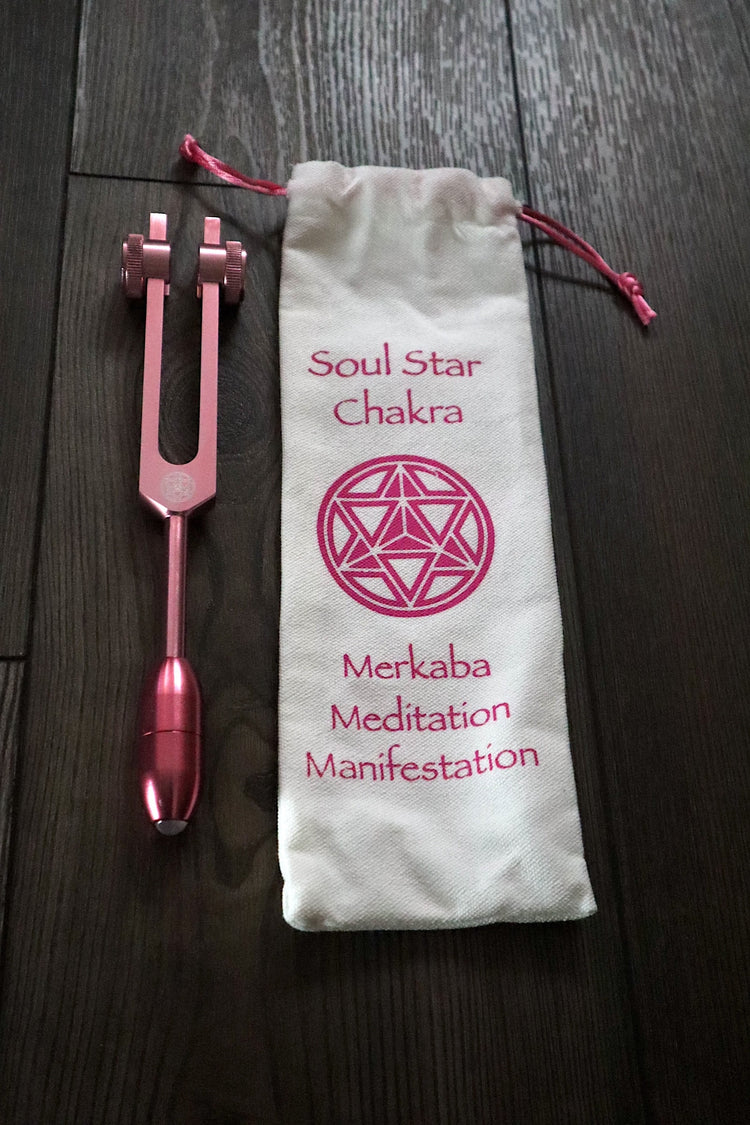 Soul Star Chakra Tuning Fork with Attenuator Extender - Rose Quartz 10mm Crystal Attenuator Handle - Drawstring Pouch and Striker