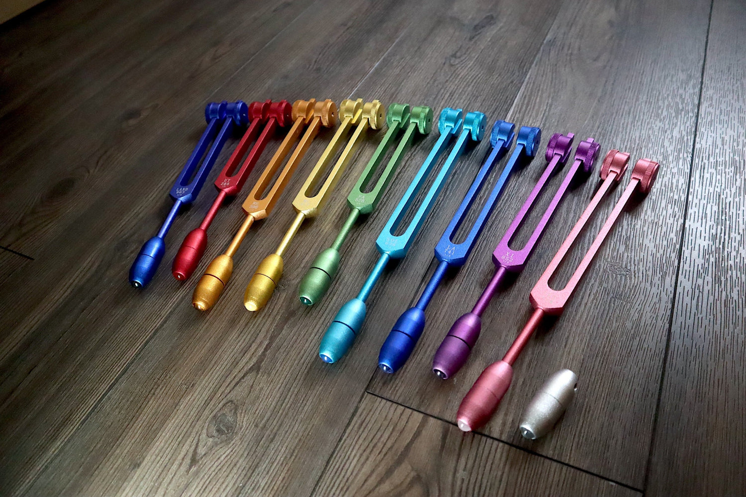 Myriad Melodies' Professionally Tuned .25 9pc Weighted Set of 9 Solfeggio Tuning Forks with 10pc Crystal Massage Attenuator Set - Biofield