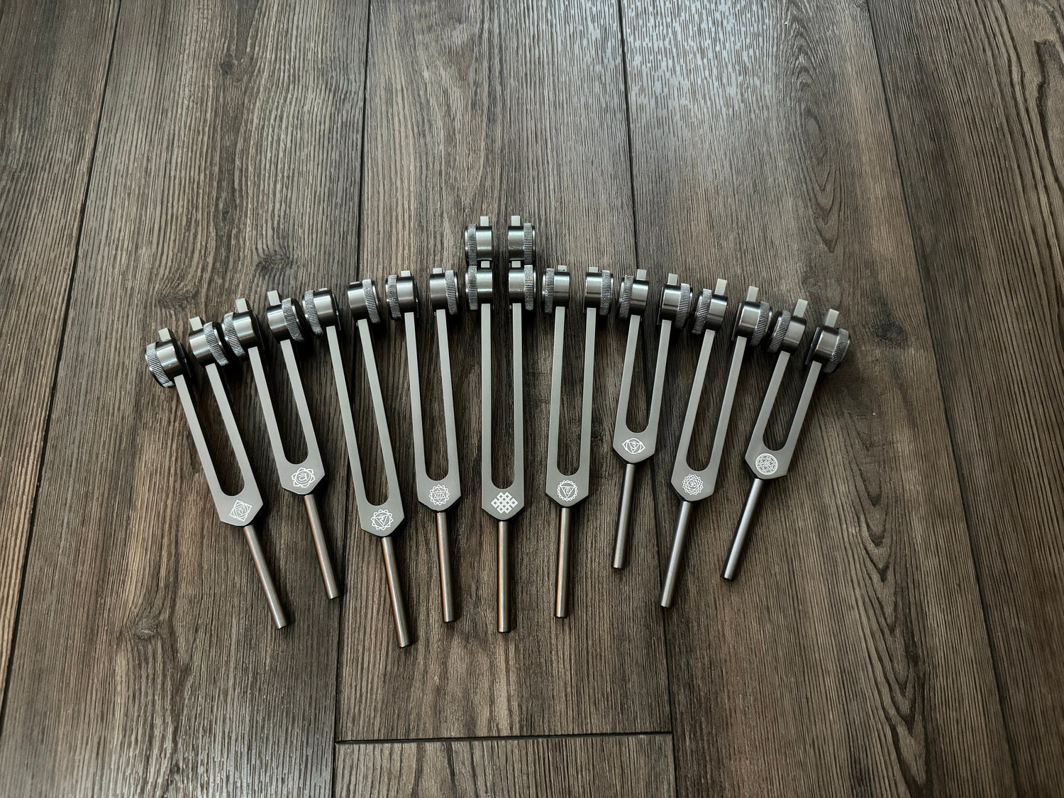 Myriad Melodies' Professionally Tuned .25 9pc Chakra Tuning Forks - Gray - Earth Star Chakra through Soul Star - Biofield, Sound Vibration