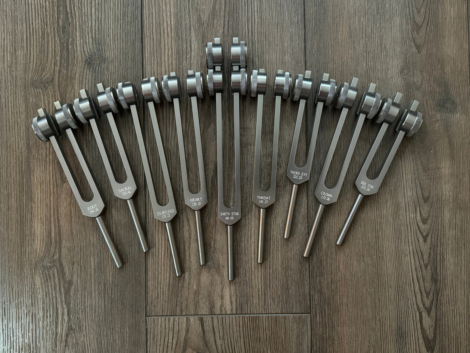 Myriad Melodies' Professionally Tuned .25 9pc Chakra Tuning Forks - Gray - Earth Star Chakra through Soul Star - Biofield, Sound Vibration