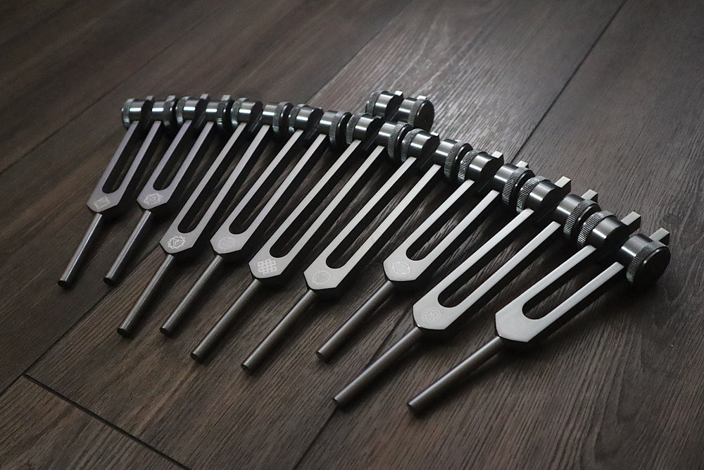 Myriad Melodies' Professionally Tuned .25 9pc Chakra Tuning Forks - Gray - Earth Star Chakra through Soul Star - Biofield, Sound Vibration