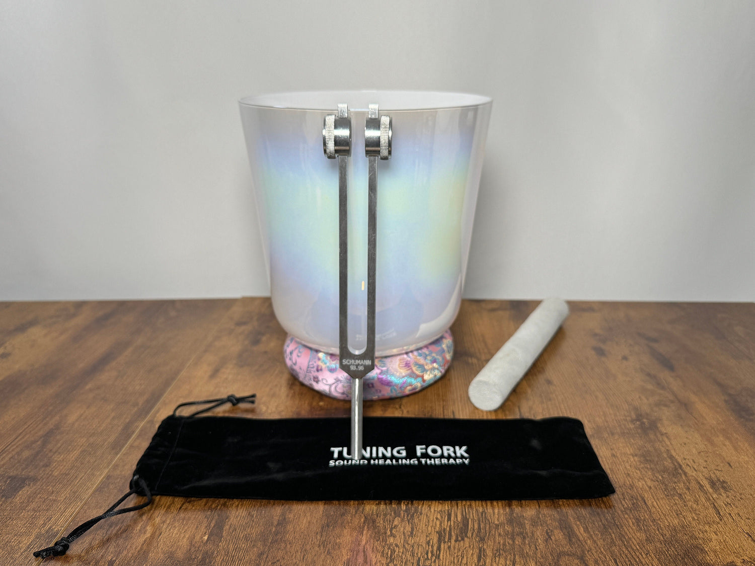 Cosmic White Light - Premium Clear 8" Crystal Singing Bowl w/ Tuning Fork 432 Hz Heart Chakra F Note, Suede Striker, O-Ring, and Carry Case