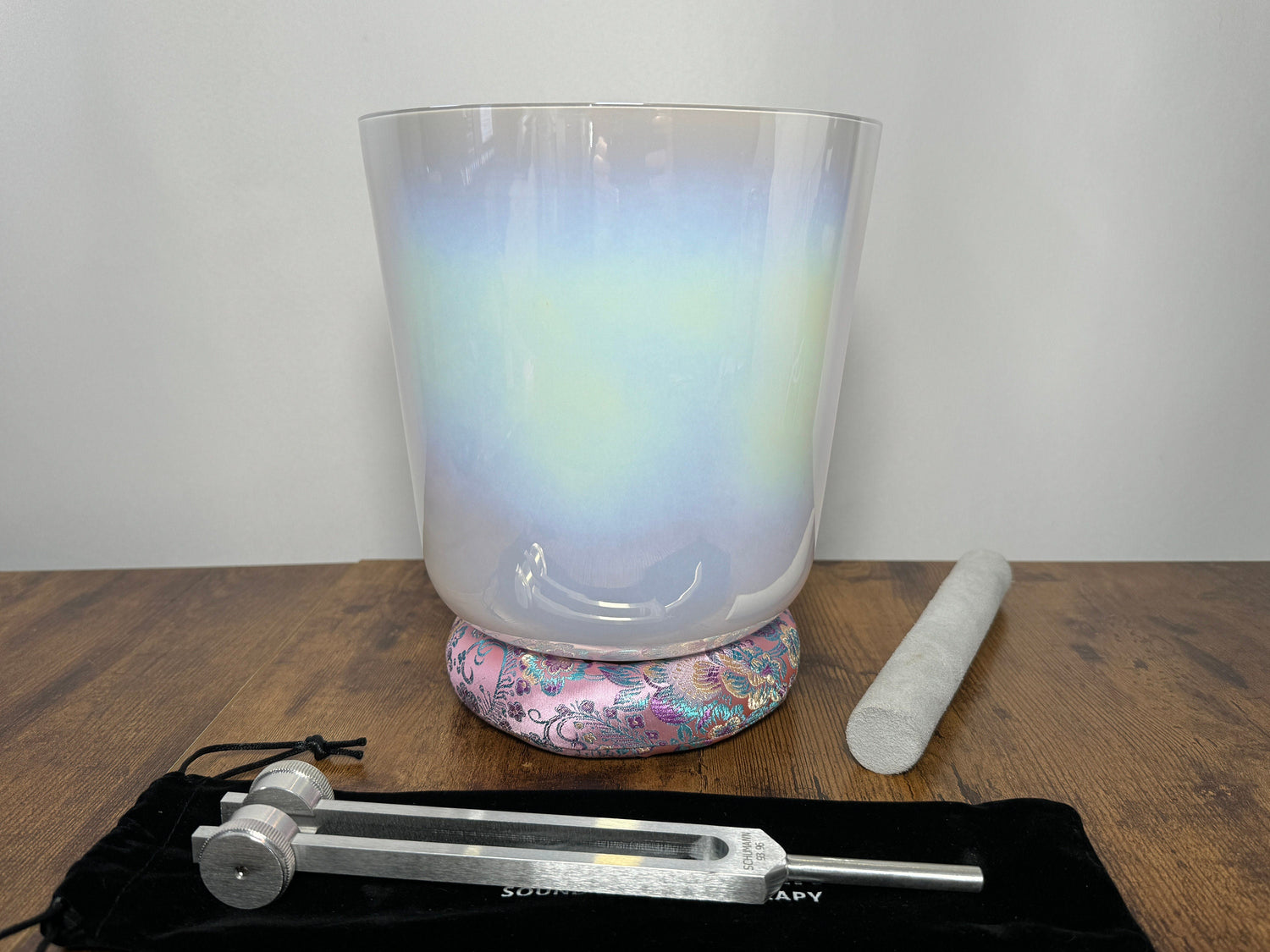 Cosmic White Light - Premium Clear 8" Crystal Singing Bowl w/ Tuning Fork 432 Hz Heart Chakra F Note, Suede Striker, O-Ring, and Carry Case