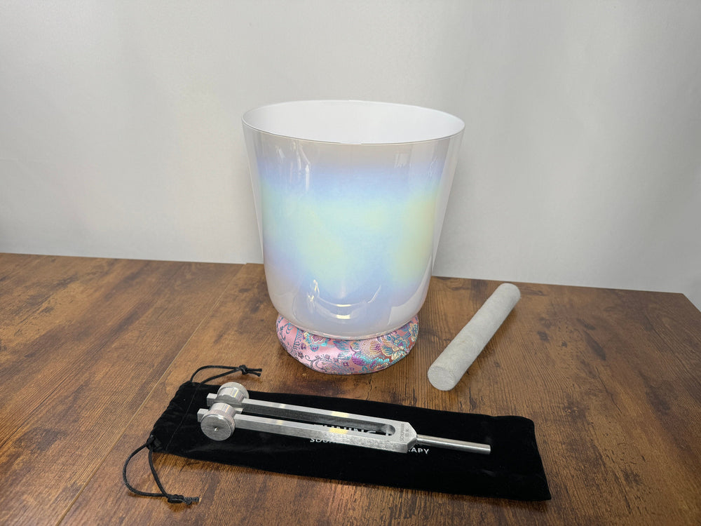 Cosmic White Light - Premium Clear 8" Crystal Singing Bowl w/ Tuning Fork 432 Hz Heart Chakra F Note, Suede Striker, O-Ring, and Silver Case