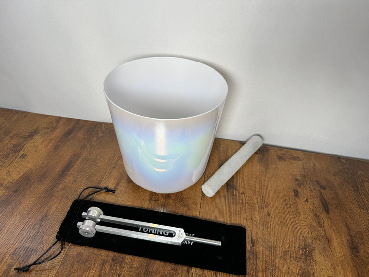 Cosmic White Light - Premium Clear 8" Crystal Singing Bowl w/ Tuning Fork 432 Hz Heart Chakra F Note, Suede Striker, O-Ring, and Carry Case