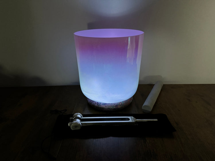 High Vibrational - Premium Clear 8" Crystal Singing Bowl w/ Tuning Fork 432 Hz Throat Chakra G Note, Suede Striker, O-Ring, and Carry Case