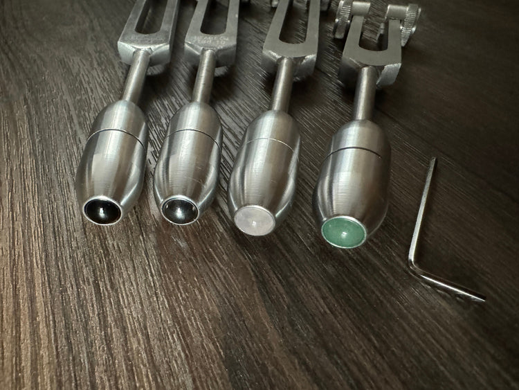Myriad Melodies' Wellness Trio 528, 174, and Schumann 93.96 Tuning Fork Set - Attenuator Handle Extensions with 10mm Crystal