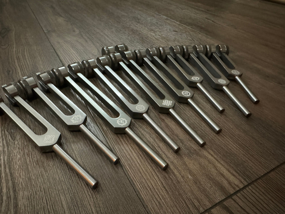 Myriad Melodies' Professionally Tuned .25 9pc Chakra Tuning Forks - Gray - Earth Star Chakra through Soul Star - Biofield, Sound Vibration