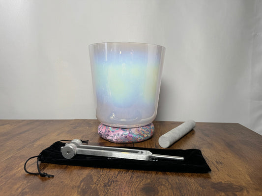 Cosmic White Light - Premium Clear 8" Crystal Singing Bowl w/ Tuning Fork 432 Hz Heart Chakra F Note, Suede Striker, O-Ring, and Silver Case