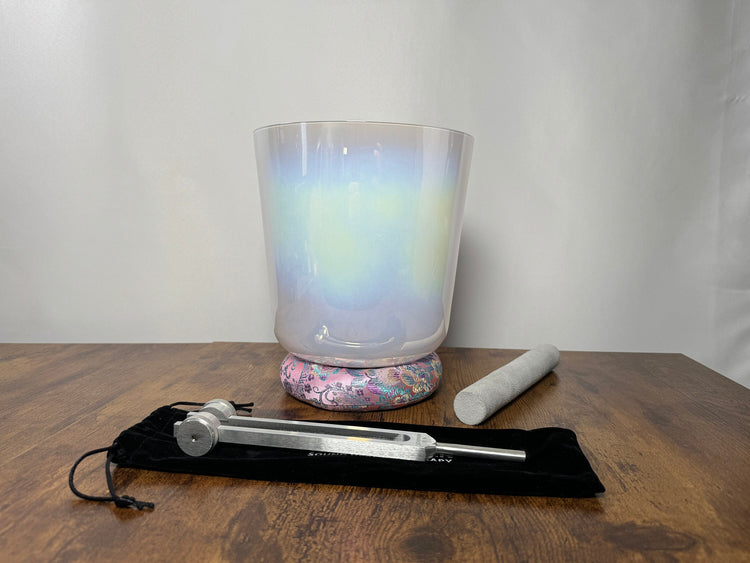 Cosmic White Light - Premium Clear 8" Crystal Singing Bowl w/ Tuning Fork 432 Hz Heart Chakra F Note, Suede Striker, O-Ring, and Silver Case