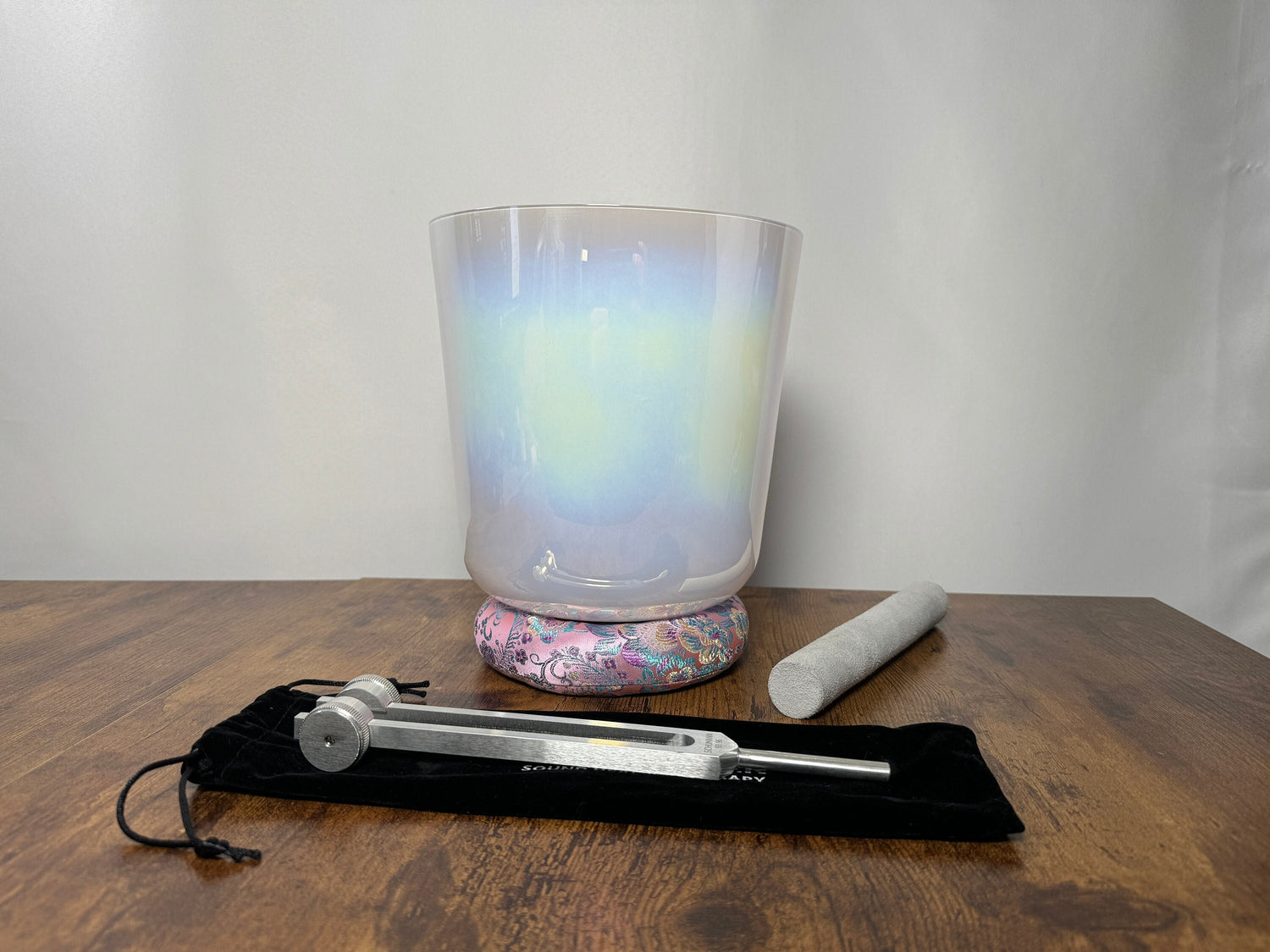 Cosmic White Light - Premium Clear 8" Crystal Singing Bowl w/ Tuning Fork 432 Hz Heart Chakra F Note, Suede Striker, O-Ring, and Carry Case