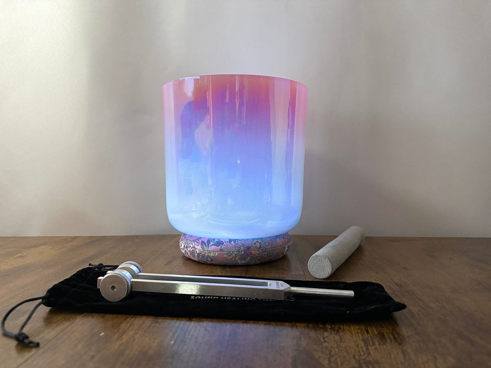 High Vibrational - Premium Clear 8" Crystal Singing Bowl w/ Tuning Fork 432 Hz Throat Chakra G Note, Suede Striker, O-Ring, and Carry Case