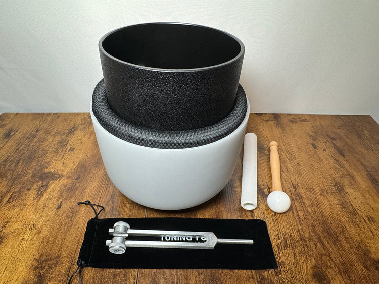 Yin and Yang - 432Hz and 528Hz Singing Bowl Bundle - 10" Heart Chakra and 8" Root Chakra - Weighted Tuning Fork - Mallet, Striker, Case