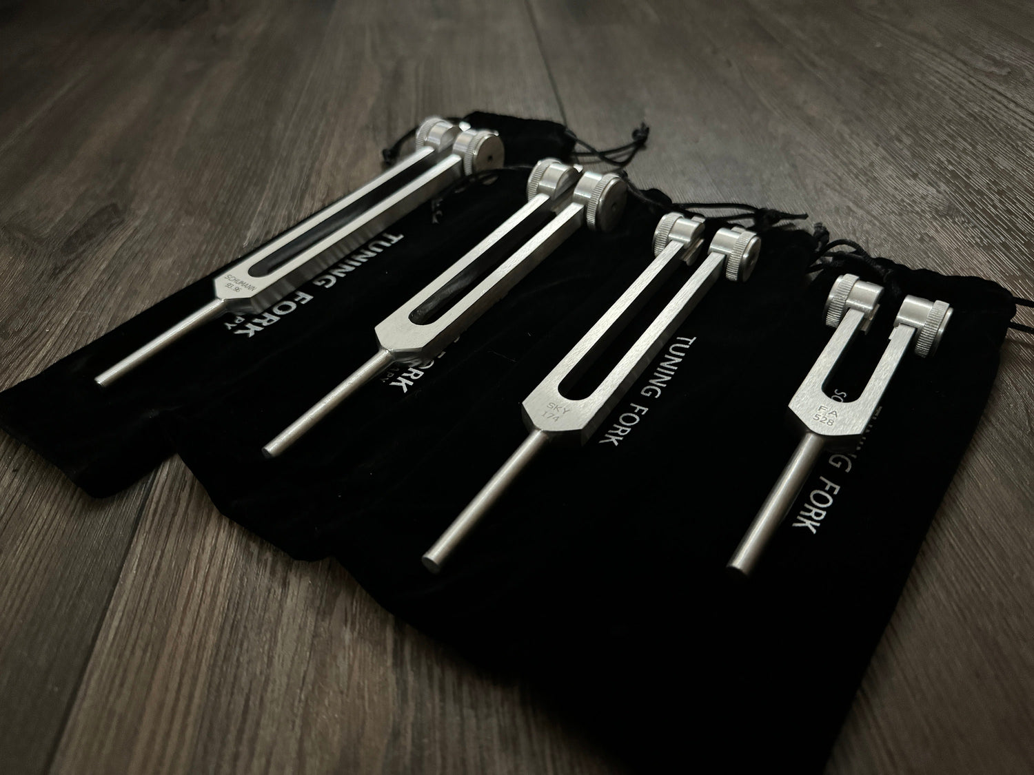 Myriad Melodies' Wellness Trio 528, 174, and Schumann 93.96 Tuning Fork Set - Attenuator Handle Extensions with 10mm Crystal