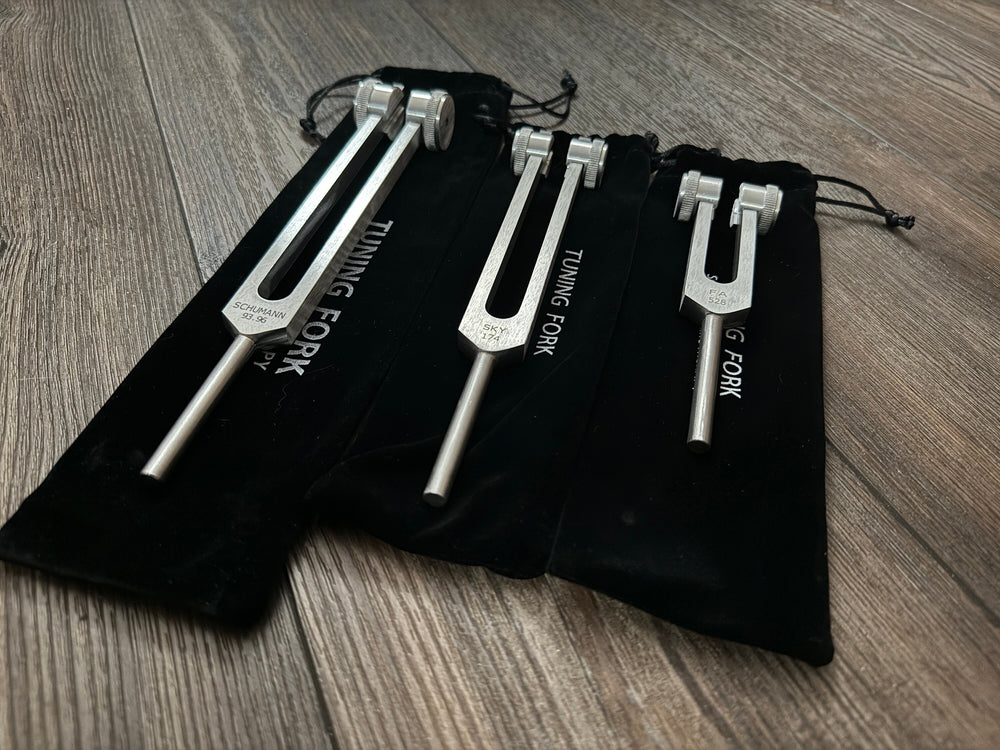 Myriad Melodies' Wellness Trio 528, 174, and Schumann 93.96 Tuning Fork Set - Attenuator Handle Extensions with 10mm Crystal
