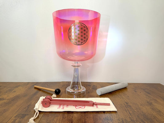 Flower of Life - Perfect Pitch Crystal Singing Handle Bowl w/ Tuning Fork 432 Hz - Cup - Heart Chakra F Note, Striker, and Carry Case