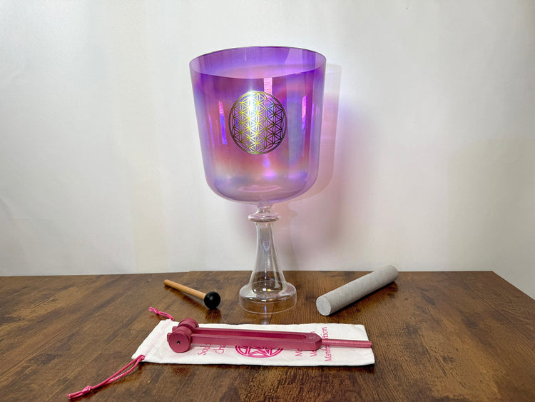 Flower of Life - Perfect Pitch Crystal Singing Handle Bowl w/ Tuning Fork 432 Hz - Cup - Heart Chakra F Note, Striker, and Carry Case