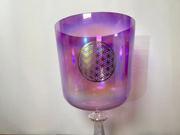 Flower of Life - Perfect Pitch Crystal Singing Handle Bowl w/ Tuning Fork 432 Hz - Cup - Heart Chakra F Note, Striker, and Carry Case