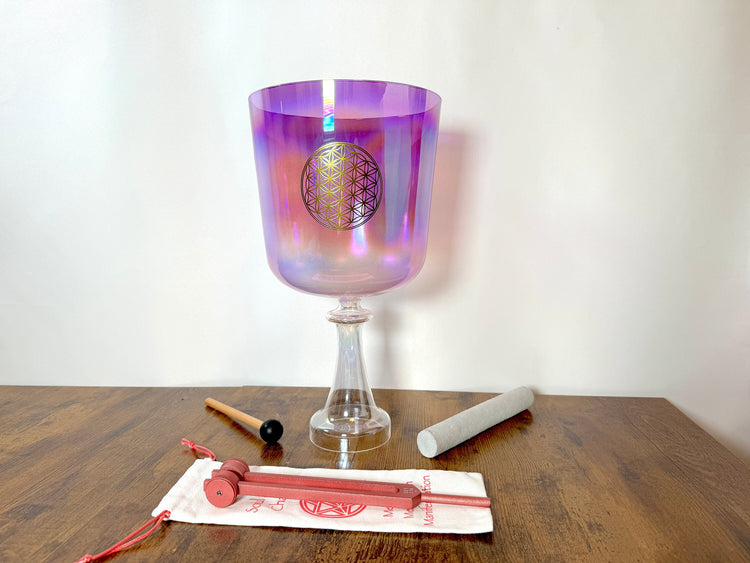 Flower of Life - Perfect Pitch Crystal Singing Handle Bowl w/ Tuning Fork 432 Hz - Cup - Heart Chakra F Note, Striker, and Carry Case