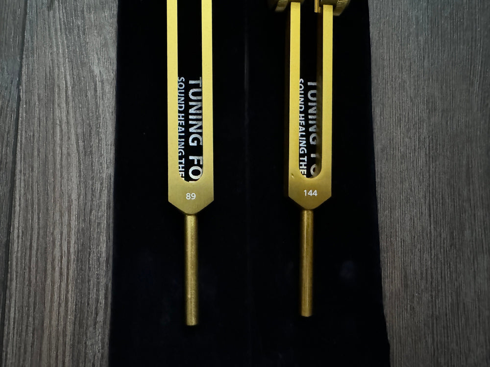 89Hz and 144Hz - Fibonacci, Golden Ration Tuning Fork Set - Gamma Binaural Beat Entrainment - Attenuator Handle Extender with 10mm Crystal