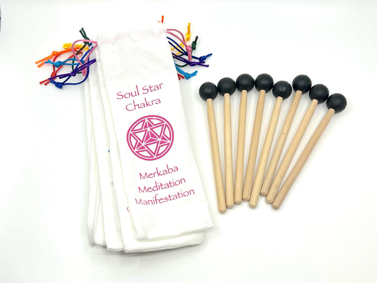 Myriad Melodies' Professionally Tuned .25 Secret Solfeggio - Classic 9pc Set - Chakra Printed Engrams, Attenuator Extenders, Weighted Boots
