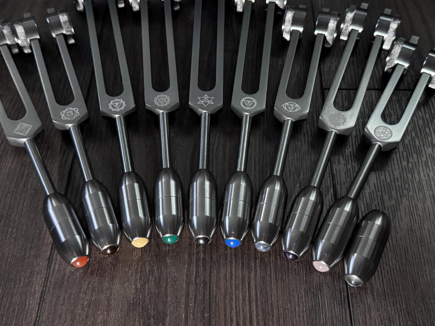 Myriad Melodies' Professionally Tuned .25 9pc Chakra Gray Tuning Forks - 10pc Crystal Massage Attenuator Set - Biofield, Sound Vibration