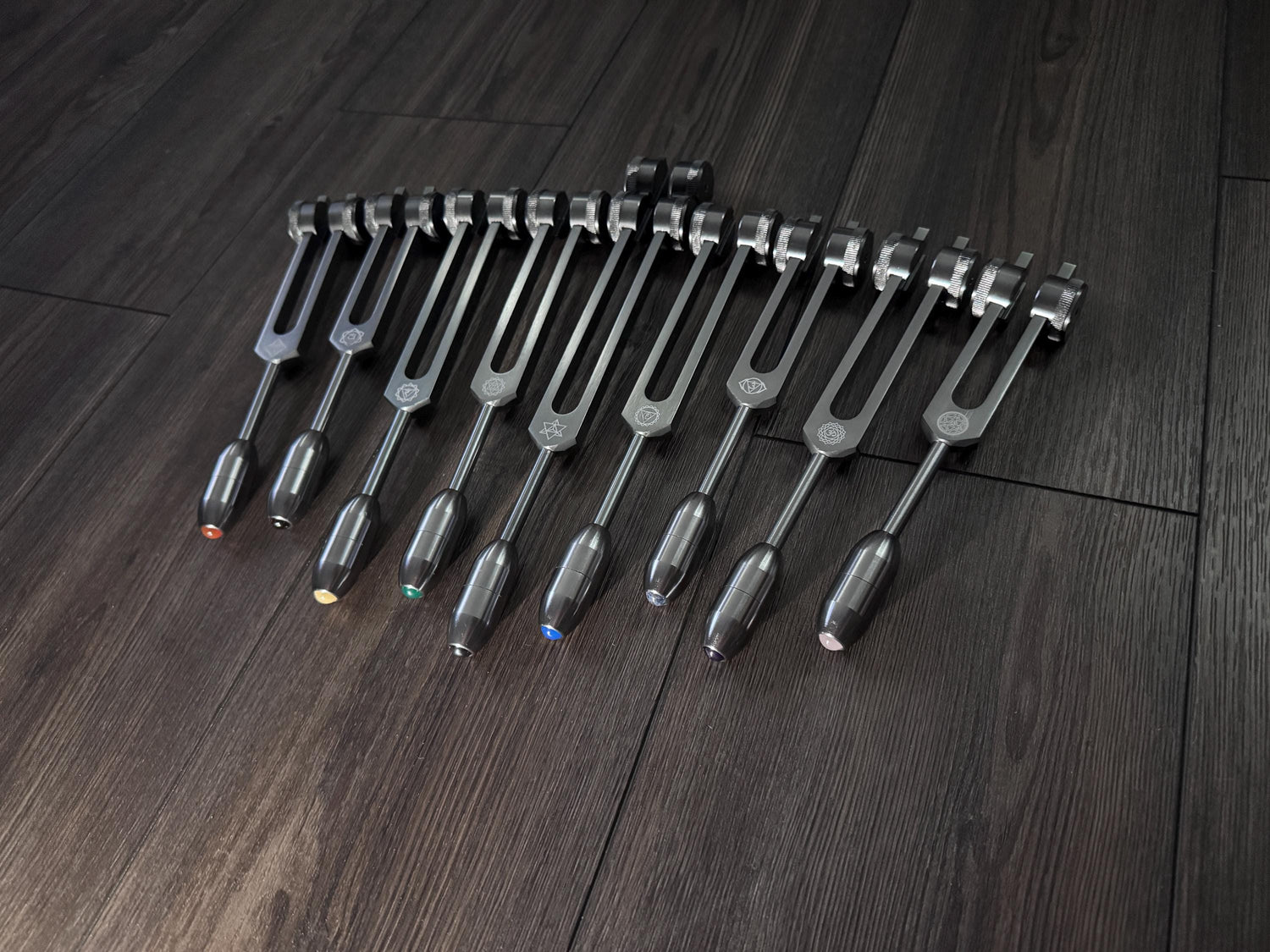 Myriad Melodies' Professionally Tuned .25 9pc Chakra Tuning Forks - Gray - Earth Star Chakra through Soul Star - Biofield, Sound Vibration