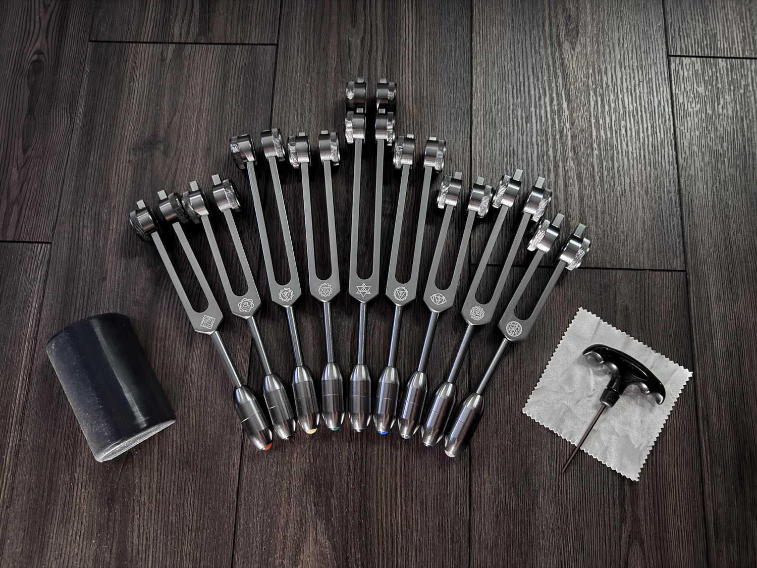 Myriad Melodies' Professionally Tuned .25 9pc Chakra Tuning Forks - Gray - Earth Star Chakra through Soul Star - Biofield, Sound Vibration