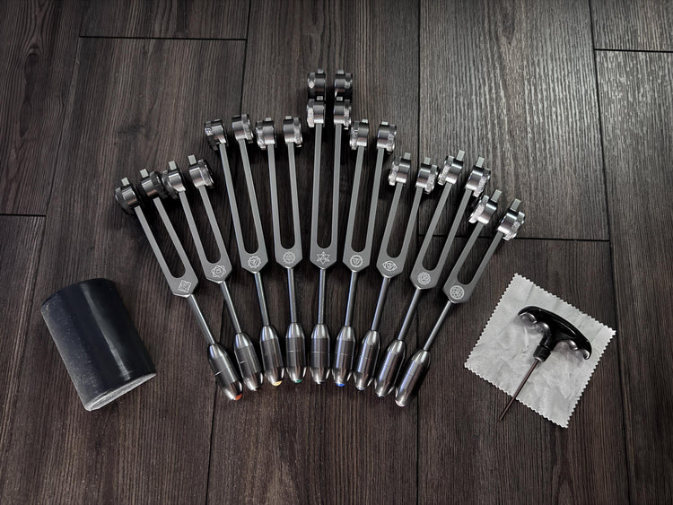 Myriad Melodies' Professionally Tuned .25 9pc Chakra Tuning Forks - Gray - Earth Star Chakra through Soul Star - Biofield, Sound Vibration