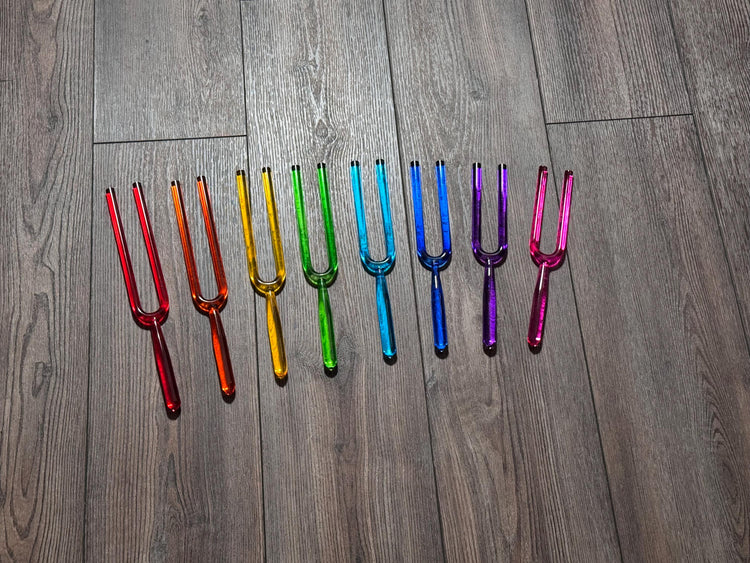 Myriad Melodies' 8pc Color Crystal Tuning Fork Set - 10mm - Notes CDEFGABC5, Crystal Vibration, Biofield, Premium Vibration