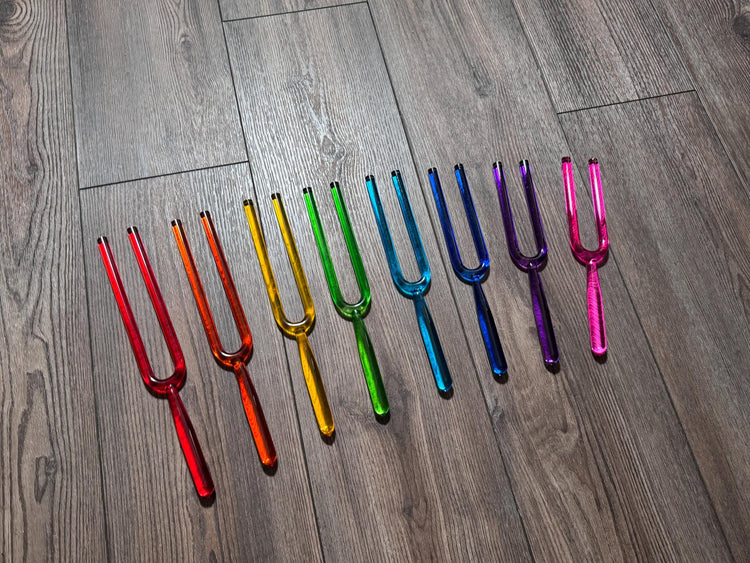 Myriad Melodies' 8pc Color Crystal Tuning Fork Set - 10mm - Notes CDEFGABC5, Crystal Vibration, Biofield, Premium Vibration