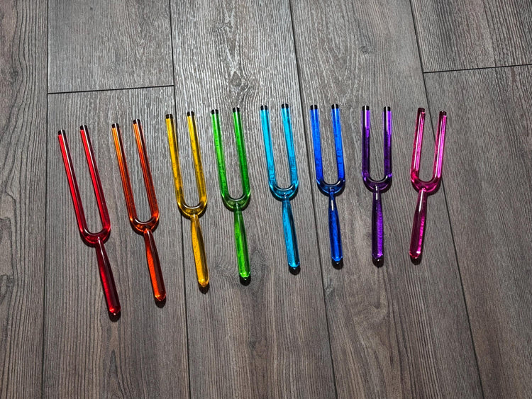 Myriad Melodies' 8pc Color Crystal Tuning Fork Set - 10mm - Notes CDEFGABC5, Crystal Vibration, Biofield, Premium Vibration