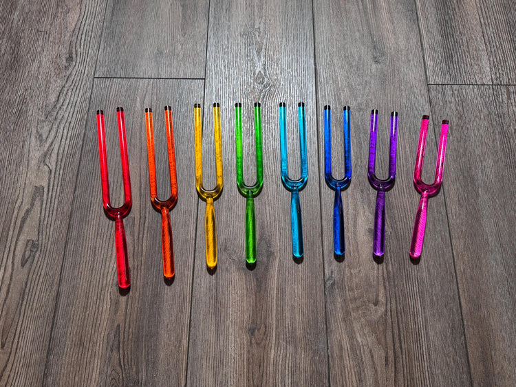 Myriad Melodies' 8pc Color Crystal Tuning Fork Set - 10mm - Notes CDEFGABC5, Crystal Vibration, Biofield, Premium Vibration