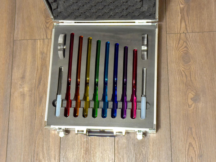 Myriad Melodies' 8pc Color Crystal Tuning Fork Set - 10mm - Notes CDEFGABC5, Crystal Vibration, Biofield, Premium Vibration