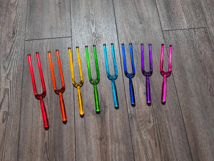 Myriad Melodies' 8pc Color Crystal Tuning Fork Set - 10mm - Notes CDEFGABC5, Crystal Vibration, Biofield, Premium Vibration