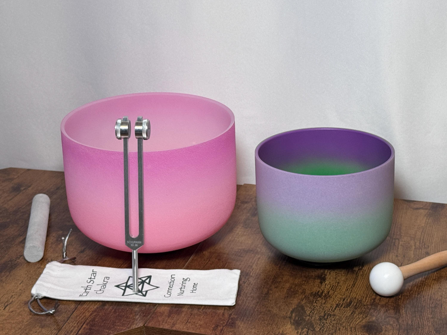 10" High Vibrational Heart Chakra and 8" Crown Chakra Crystal Singing Bowls 432Hz, 93.96 Schumann Tuning Fork, Carry Bag, Biofield Vibration