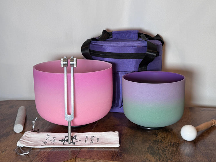 10" High Vibrational Heart Chakra and 8" Crown Chakra Crystal Singing Bowls 432Hz, 93.96 Schumann Tuning Fork, Carry Bag, Biofield Vibration