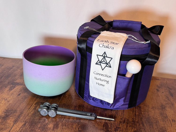 10" High Vibrational Heart Chakra and 8" Crown Chakra Crystal Singing Bowls 432Hz, 93.96 Schumann Tuning Fork, Carry Bag, Biofield Vibration